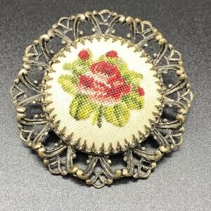 Vintage Cross Stitch Rose Brooch Pin Silver Tone Filigree